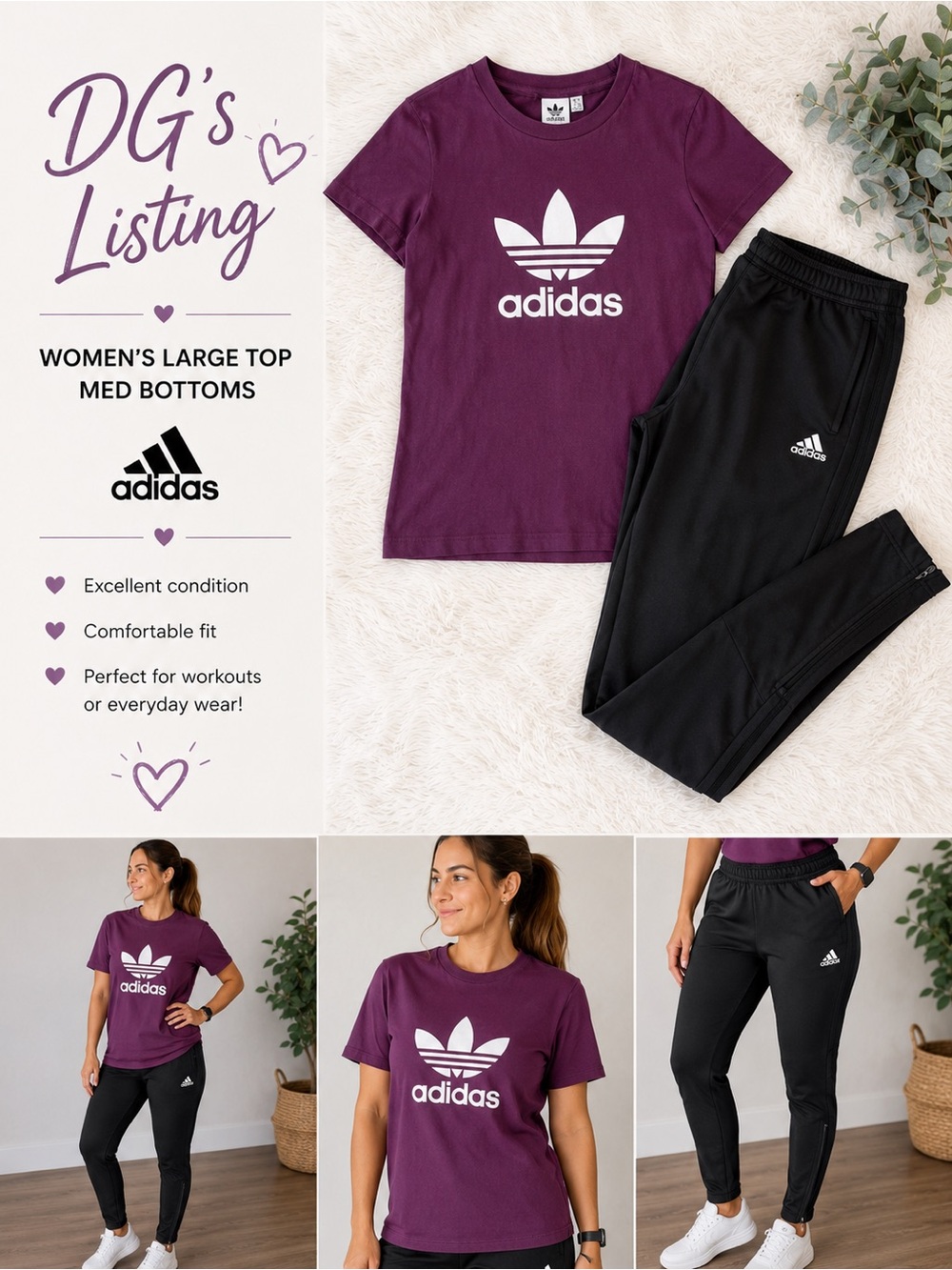 adidas Women's Trefoil Tee and Joggers - Plum Top with Black Pants